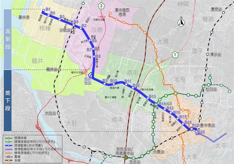 台中メトロ（MRT）ブルーラインの路線図（taichung.gov.twから）