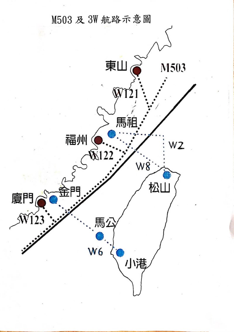 中国が設定する航空路「M503」とその支線3路線「W121」、「W122」、「W123」のイメージ（交通部民用航空局提供）