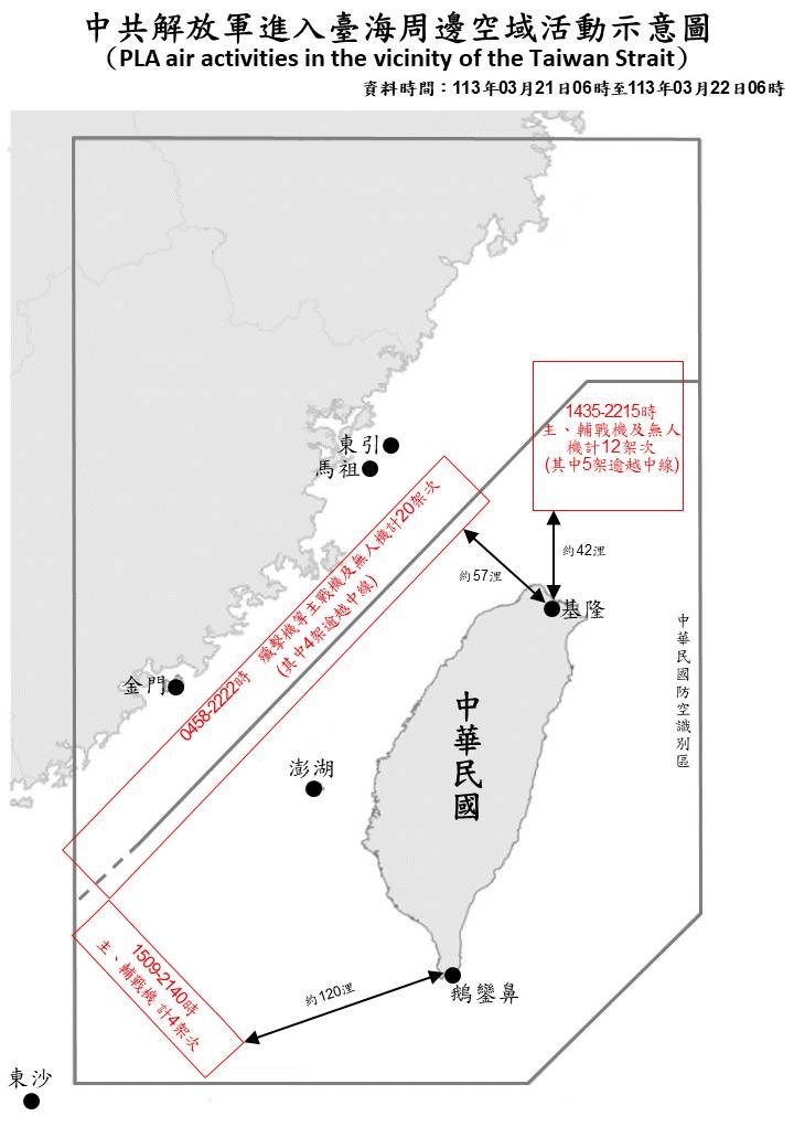 22日午前6時までの24時間に確認された中国の軍用機の動きを示す略図（国防部公式サイトより）