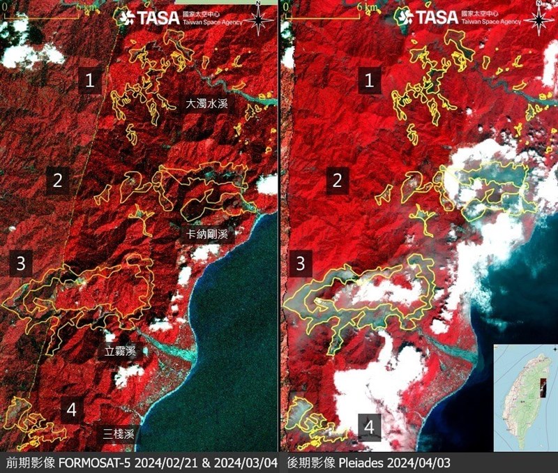4月3日の地震発生前（左）と発生後に撮影された衛星画像（国家宇宙センター提供）
