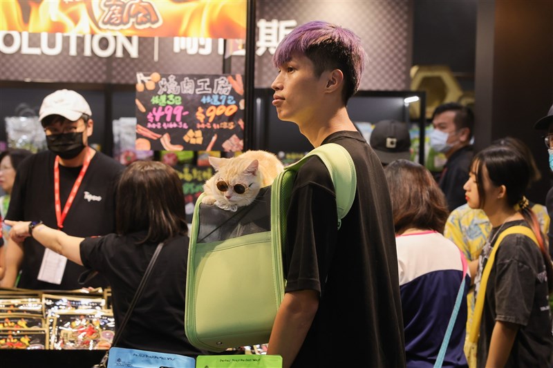 愛猫を連れて台北で開催のペット用品の展示会に足を運ぶ男性＝2023年7月9日、裴禛撮影