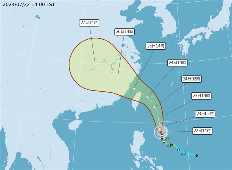 中央気象署発表の台風3号進路予想図（22日午後2時現在）＝気象署公式サイトより