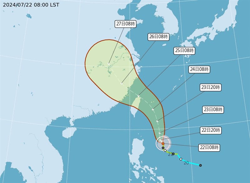 中央気象署発表の台風3号進路予想図（22日午前8時現在）＝気象署公式サイトより