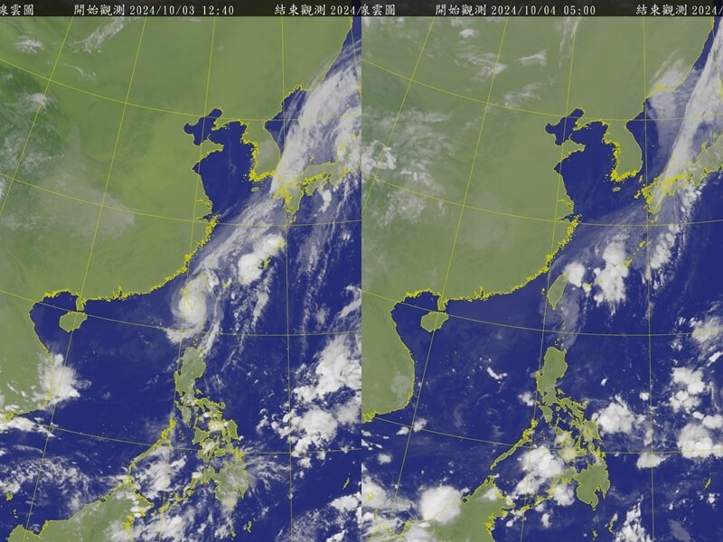 台風18号が台湾に上陸した3日午後0時40分ごろ（左）と熱帯低気圧になった4日午前5時ごろ（右）の気象衛星画像（中央気象署提供）