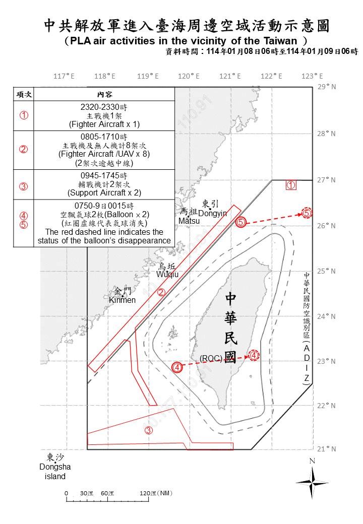 中国軍機の動きを示す略図＝国防部提供