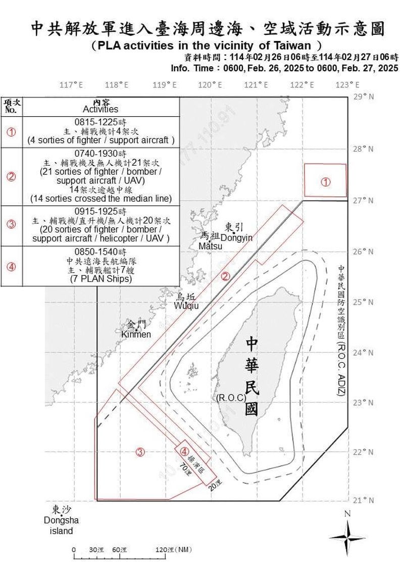 中国の軍用機の動きを示す略図＝国防部提供