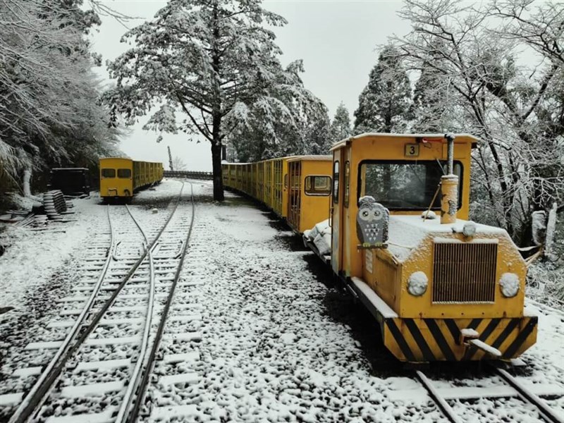 宜蘭県太平山では早朝からあられが降り、観光客向けトロッコ列車とのコントラストを生み出した＝農業部林業・自然保育署宜蘭分署提供