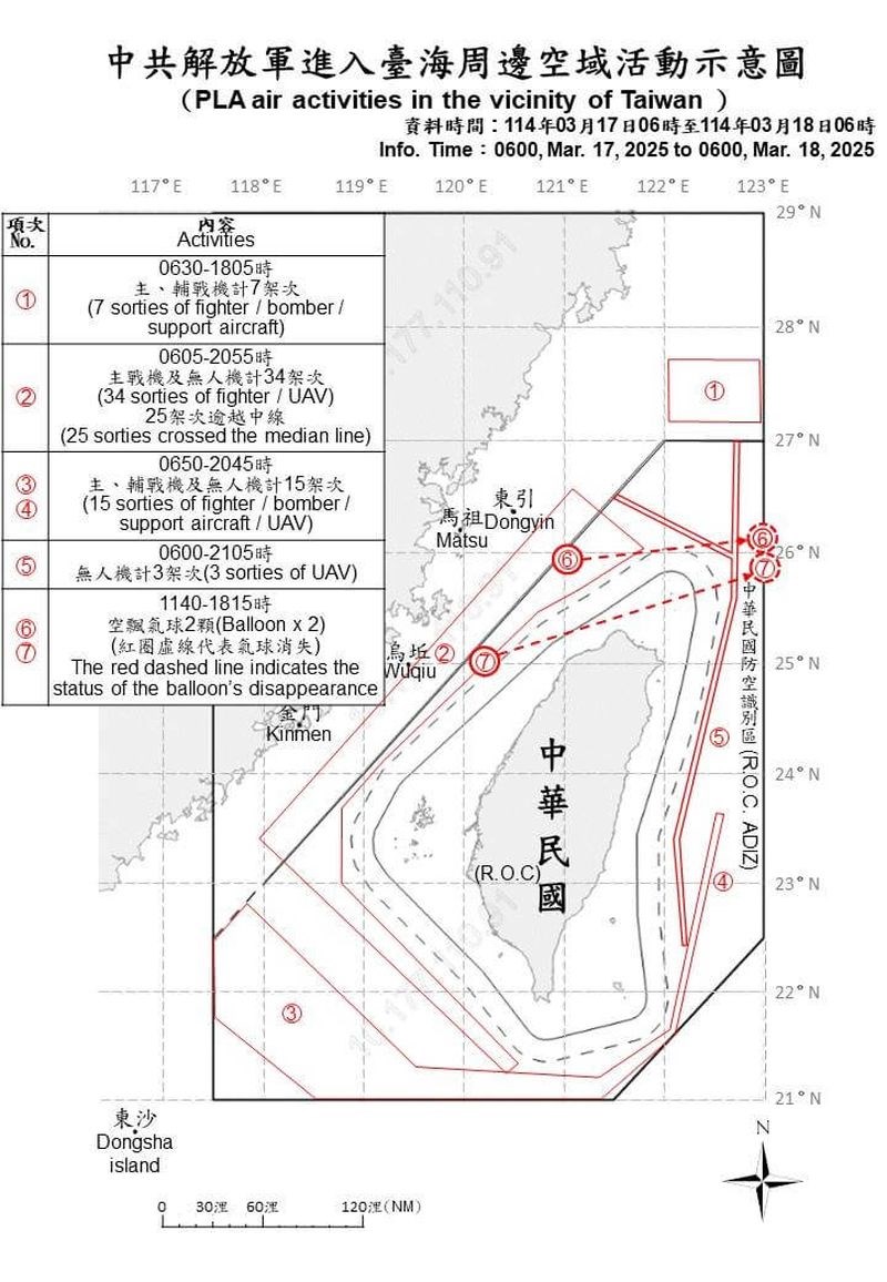 中国の軍用機の動きを示す略図＝国防部提供