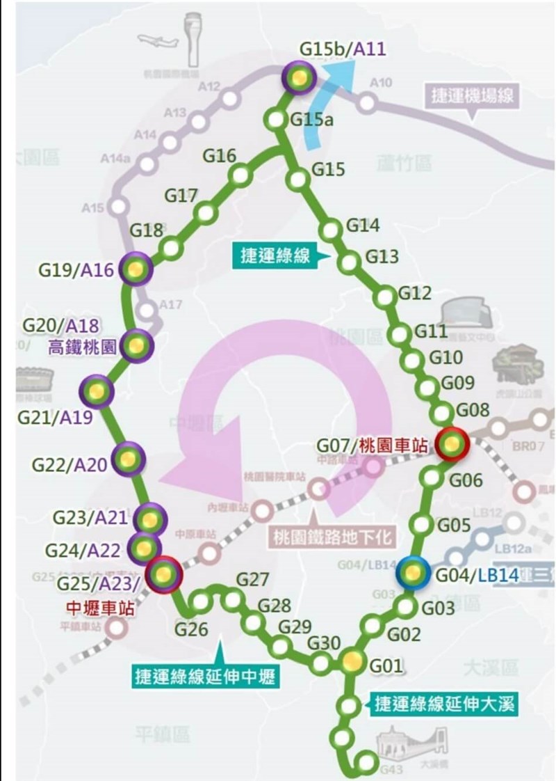 桃園メトログリーンラインの路線図。今回の延伸計画はG01～G25の区間（桃園市政府捷運工程局提供）