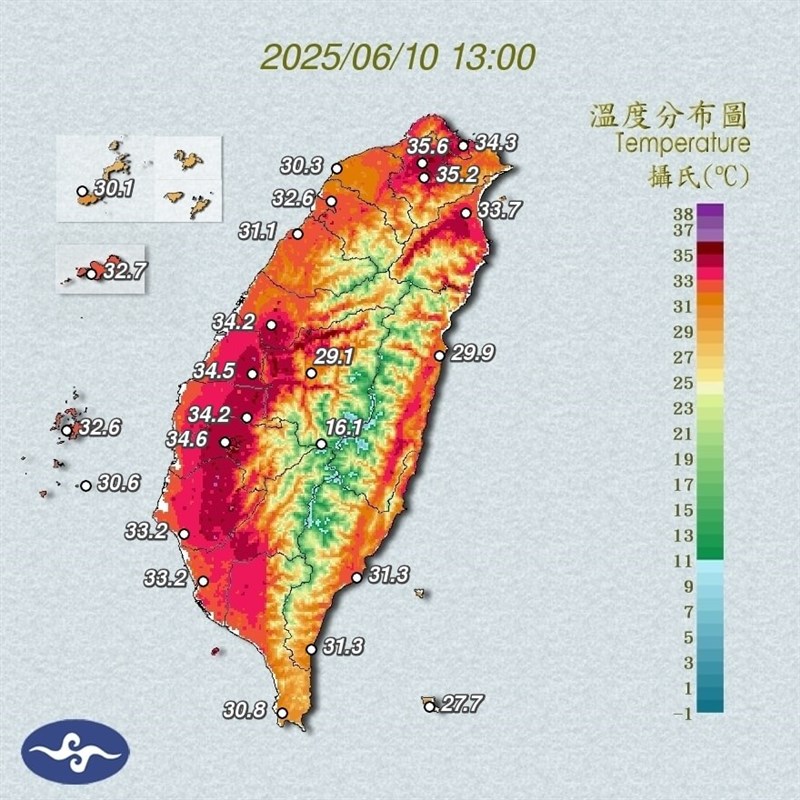 10日午後1時ごろの台湾各地の温度分布（中央気象署HPから）