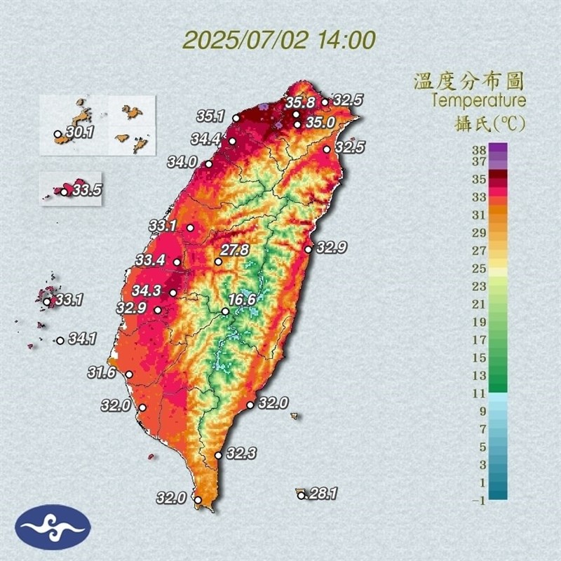 2日午後2時ごろの台湾各地の温度分布（中央気象署HPから）