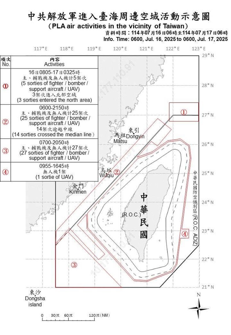 中国軍機の動きを示す略図（国防部HPから）