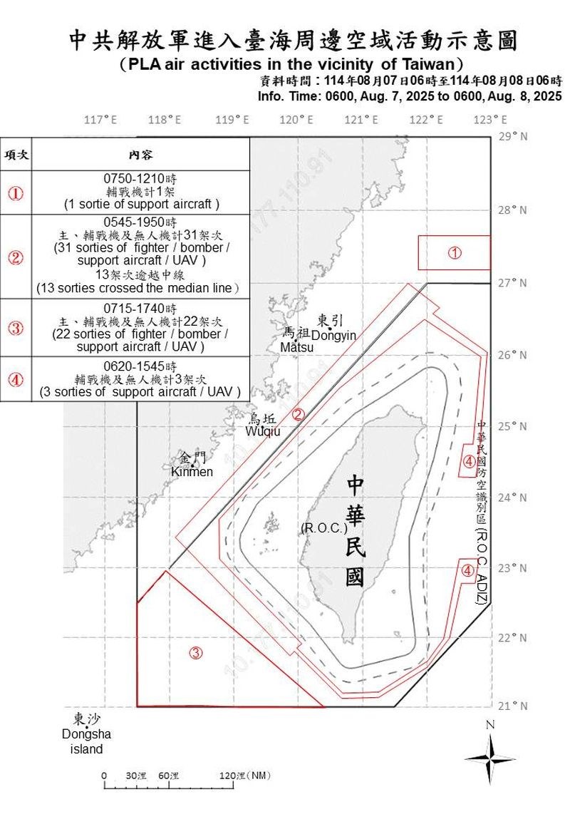 中国軍機の動きを示す略図（国防部HPから）