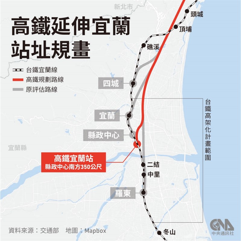 台湾高速鉄道の延伸区間（赤線）は南港から宜蘭県中央部までの全長約60.6キロ。途中、北部・新北市の汐止、平渓、双渓、貢寮、宜蘭県頭城を通過する