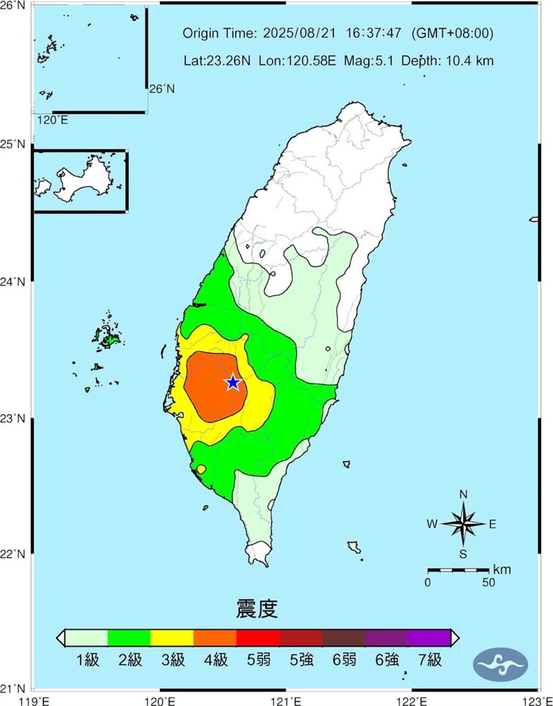 震度分布図（中央気象署HPから）