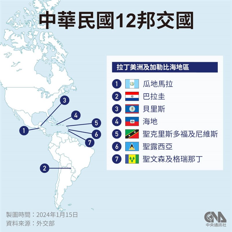 中南米やカリブ海にある中華民国（台湾）の国交樹立国を示す図