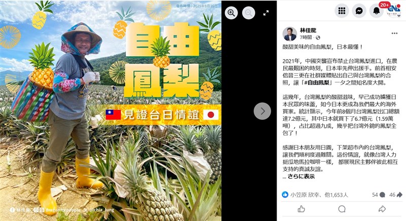 日本が台湾産パイナップル最大の輸出先になっていることを喜び、日本人に感謝を伝える林佳竜外交部長の投稿（本人のフェイスブックから）