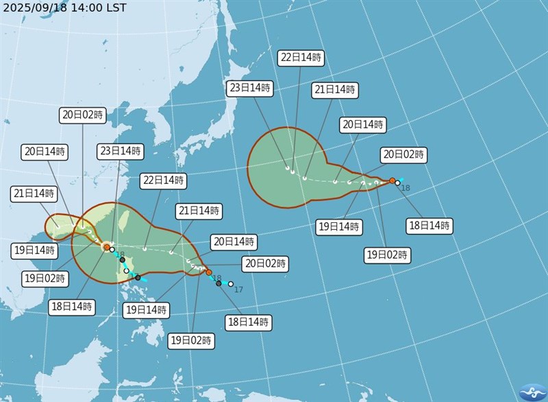 台湾付近の台風や熱帯低気圧の経路予想図（中央気象署HPから）
