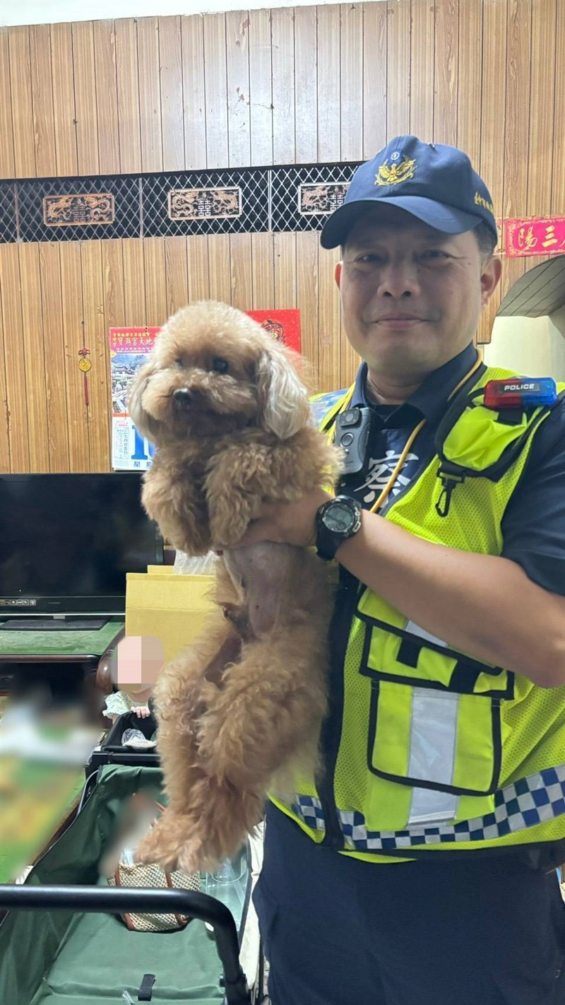 警察官に抱きかかえられるトイプードル「ニコ」