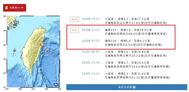 東部・花蓮県とその周辺海域で8日午前、マグニチュード（M）5.0の地震が相次いで発生した。画像は気象署HPから