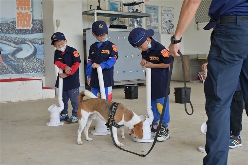 麻薬探知犬の活動を見学する小学生ら＝澎湖県政府警察局提供