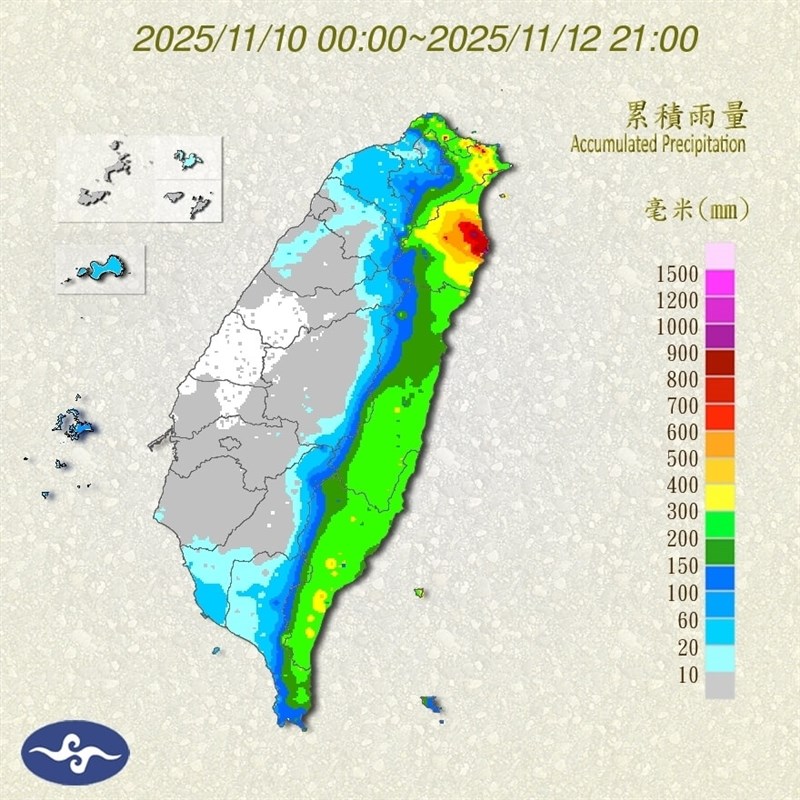 台湾各地の雨量を示す図（中央気象署HPから）