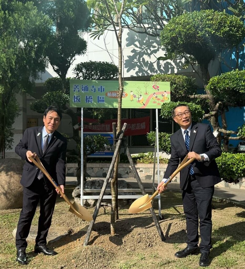 新北市板橋区公所（役所）前の庭園にヤエザクラの木を植樹する同区の陳奇正区長（右）と善通寺市の辻村修市長＝1月13日、新北市（板橋区公所提供）
