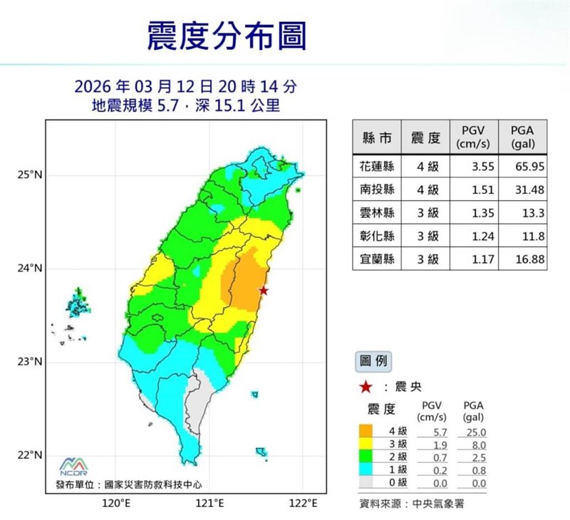 12日夜に起きた地震による各地の震度（中央気象署提供）