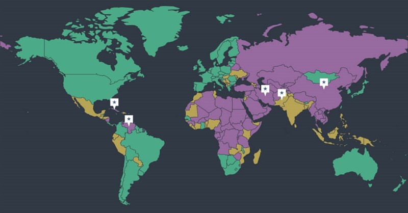 世界の自由度を示す地図。緑色は「自由」、黄色は「部分的に自由」、紫色は「自由がない」（フリーダムハウスHPから）