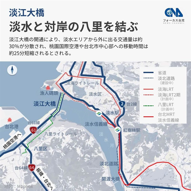 淡江大橋は淡水河河口の両岸を結ぶ（中央社作成）