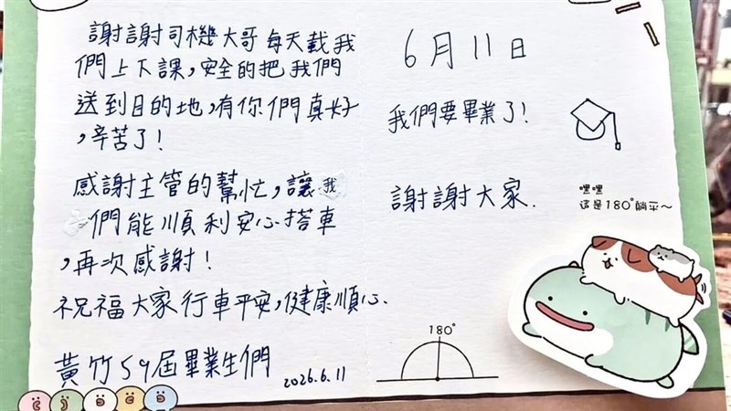 児童が作成した感謝状（台中市政府提供）