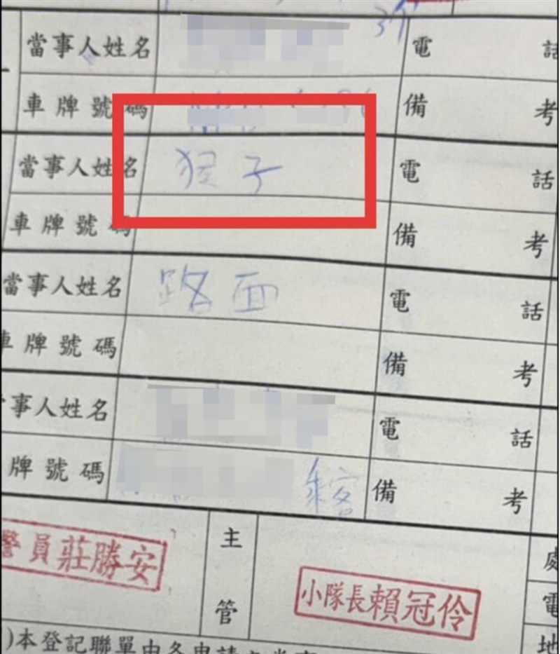 3日午前、台東県内の幹線道路でオートバイとサルが衝突する事故があり、当事者の欄に「サル」と書かれた調書＝読者提供