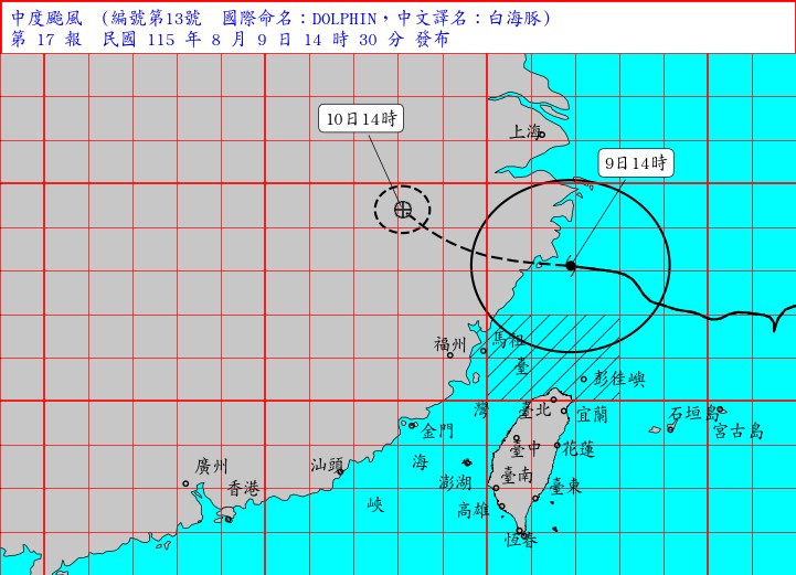 9日午後2時現在の台風13号の進路予想＝中央気象署提供