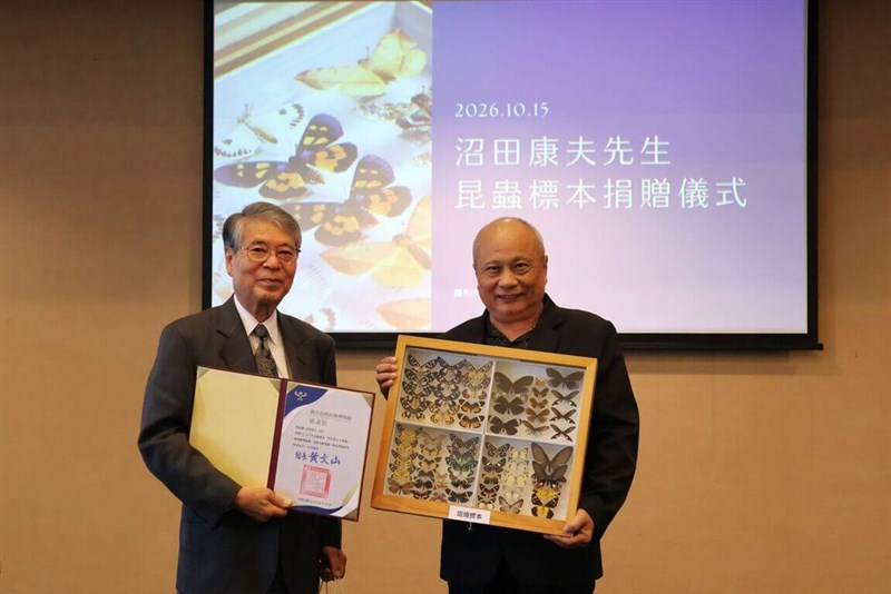 国立自然科学博物館の黄文山館長（右）から感謝状が贈られた昆虫標本収集家の沼田康夫さん＝10月15日、台中市（国立自然科学博物館提供）