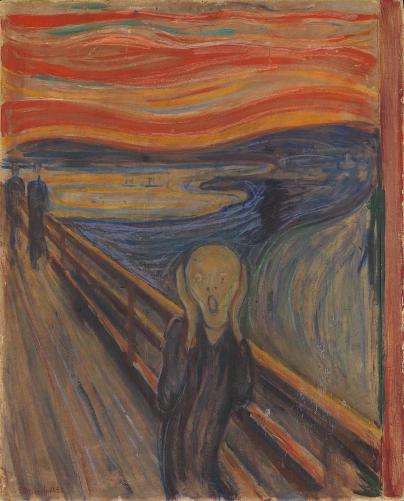 孟克，《吶喊》，1893年，油彩、蛋彩、粉彩、蠟筆、紙板，91×73.5公分，挪威奧斯陸國立博物館（圖片取自《憤怒的大日子》內頁）。