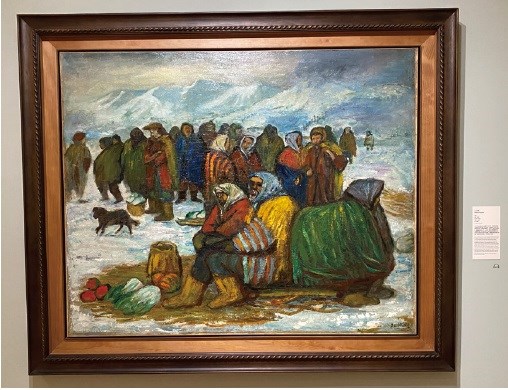 臺北市立美術館2022年「掘光而行：洪瑞麟」特展展出洪瑞麟1937年留日時期創作的「山形市集」。（李賢文攝於2022年3月19日／允晨文化提供）