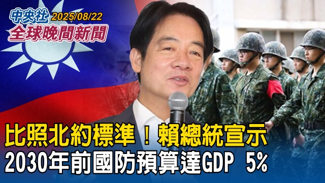 比照北約標準！賴總統宣示：2030年前國防預算達GDP5％｜核三公投將登場！曾文生：無論結果均啟動安檢｜2025/08/22 中央社全球晚間新聞