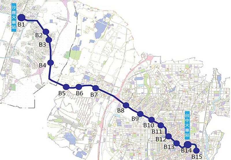台中市交通局長王義川表示,台中捷運藍線獲交通部核定,根據市府規劃,台中捷運藍線西起沙鹿車站,行經台灣大道進入市區,共設15座車站。圖為台中捷運藍線規劃圖。(台中市府提供)中央社記者郝雪卿傳真 107年4月5日