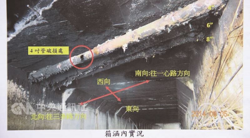 2014年高雄氣爆震撼全台,全案一審11日宣判,檢方調查指出,位於凱旋、二聖路口底下排水箱涵內的4吋丙烯管線破洞為肇事源頭;管線在箱涵內懸空,無法藉由土壤介質獲得保護,腐蝕嚴重,終釀巨大氣爆意外。(雄檢提供)中央社記者程啟峰高雄傳真 107年5月11日
