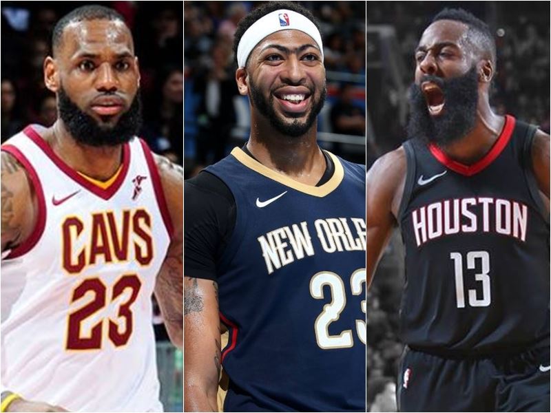 美國職籃NBA 16日公布年度獎項入圍名單,騎士「小皇帝」詹姆斯(左)、鵜鶘「一眉道人」戴維斯(中)、火箭「大鬍子」哈登(右)角逐年度最有價值球員。(左圖取自詹姆斯Instagram網頁www.instagram.com/kingjames;中圖取自戴維斯推特twitter.com/antdavis23;右圖取自休士頓火箭隊臉書www.facebook.com/houstonrockets)