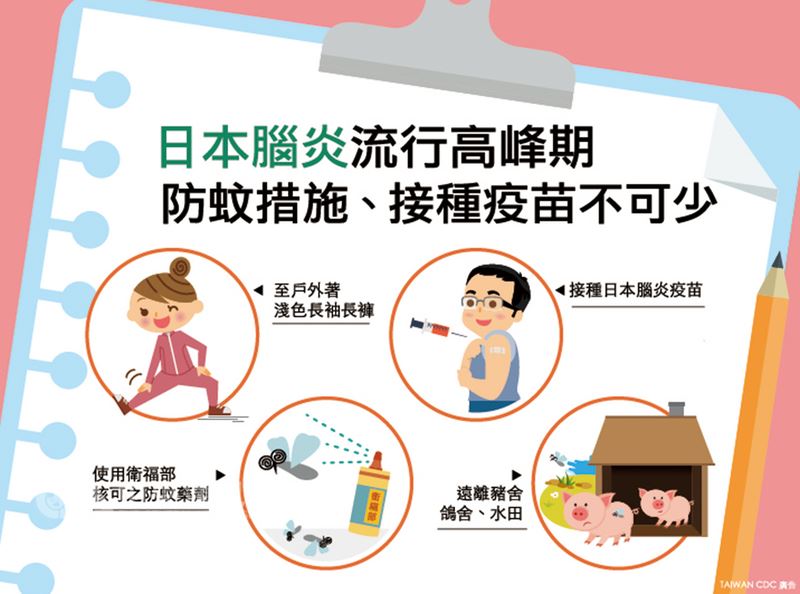 衛福部疾管署21日公布今年首例日本腦炎個案,並提醒民眾接種疫苗是預防日本腦炎最有效方法,家中如有15個月以上未完成疫苗接種嬰幼兒,應儘速完成施打;成人如常處於高風險環境,也可選擇自費接種,並留意做好日常預防措施。(衛福部疾管署提供)中央社記者陳偉婷傳真 107年5月21日