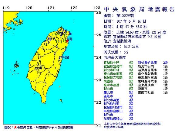 宜蘭縣近海16日清晨4時53分發生芮氏規模5.2地震。(圖取自中央氣象局網頁cwb.gov.tw)