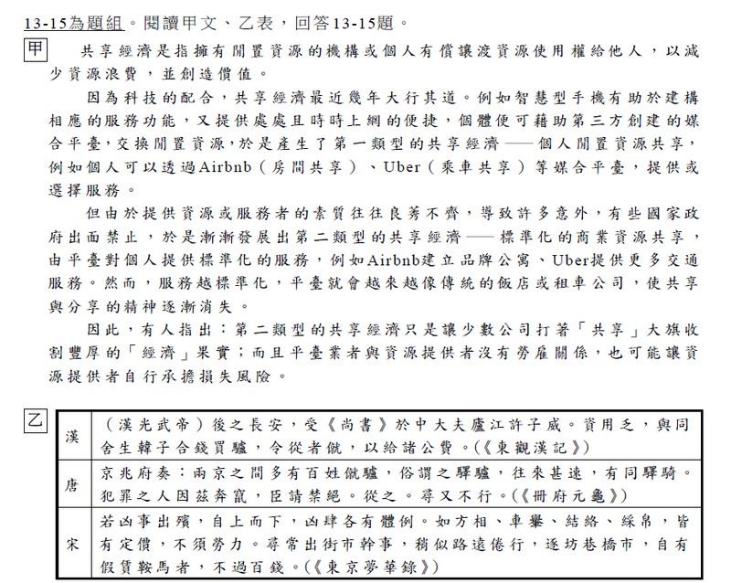 國文科首度改全卷選擇題,題數和文字量都增加,取材也多樣化,圖為Uber(乘車共享)等共享經濟的古今對照題。(圖取自指考國文科試題)