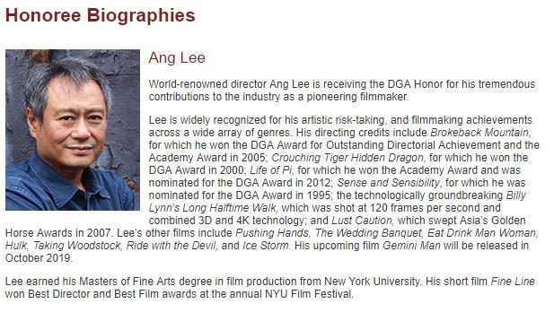 李安因作品「斷背山」拿下美國導演工會傑出導演成就獎,並抱走奧斯卡最佳導演獎,曾經以「臥虎藏龍」一片拿下2000年美國導演工會獎。(圖取自美國導演工會網頁www.dga.org)