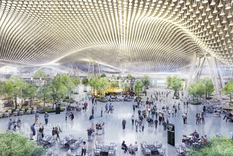 桃園國際機場第三航廈主體工程今年開標兩次都流標,桃園國際機場公司將檢討變更設計,評估原本在出境大廳天花板上的13萬朵花瓣造型鋁管是否捨棄。(桃機公司提供)中央社記者汪淑芬傳真 107年8月18日