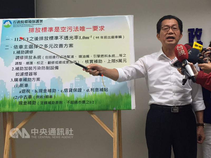 環保署10日召開「排放標準是空污法的唯一要求」記者會,環保署長李應元親上火線澄清,網路流傳政府要強制淘汰10年以上車子、大卡車,完全是假消息。中央社記者楊淑閔攝 107年9月10日
