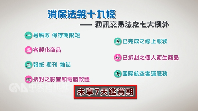 行政院消保處處長劉清芳表示,直播屬於通訊交易,賣家應依消保法第19條規定,除易腐敗、保存期限短、書報雜誌或已拆封影音商品、電腦軟體和衛生用品等7種例外情況外,其餘商品都應給予消費者7天鑑賞期,並在直播當下充分揭露資訊。中央社製表 107年9月23日