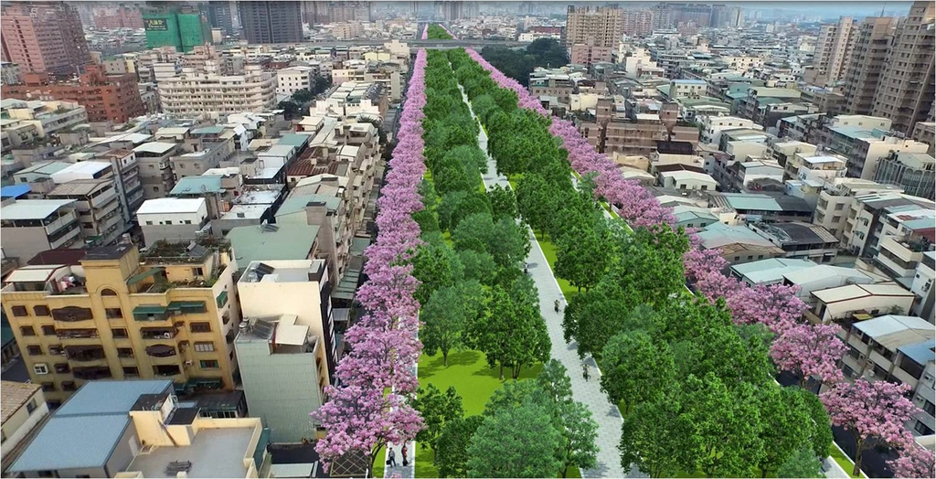 高雄鐵路地下化14日將通車,全長15.37公里的軌道廊帶在高市府規劃下將成為蜿蜒高雄市區的彩帶,沿線有主題植栽,景觀也將隨四季展現不同風情。圖為完工模擬示意圖。(高雄市政府提供)中央社記者王淑芬傳真 107年10月13日