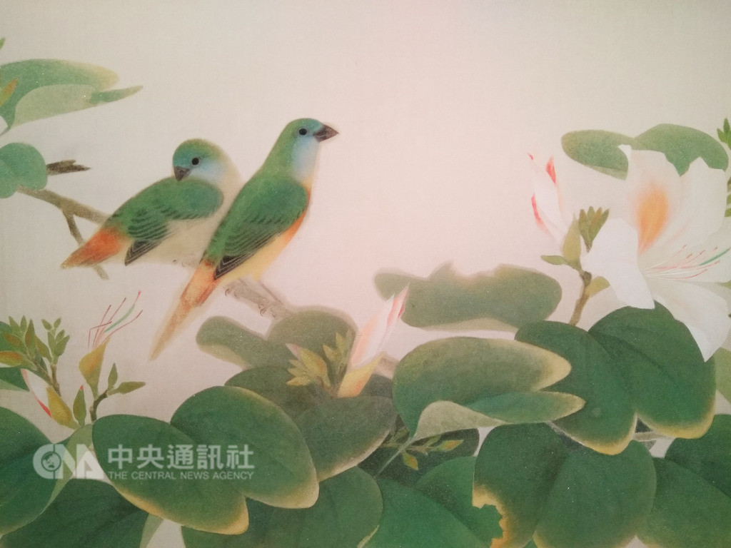 林之助主張以動物與植物膠質為素材媒介的特質,正名東洋畫為膠彩畫。圖他的畫作春意。中央社記者曹宇帆洛杉磯攝 107年10月14日