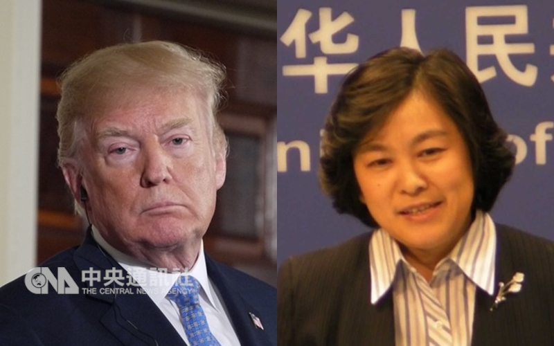 中國當局25日駁斥有關中國情報人員竊聽川普通話的報導是「假新聞」,外交部發言人華春瑩(右)開玩笑要川普不妨換用華為牌手機。(中央社檔案照片)